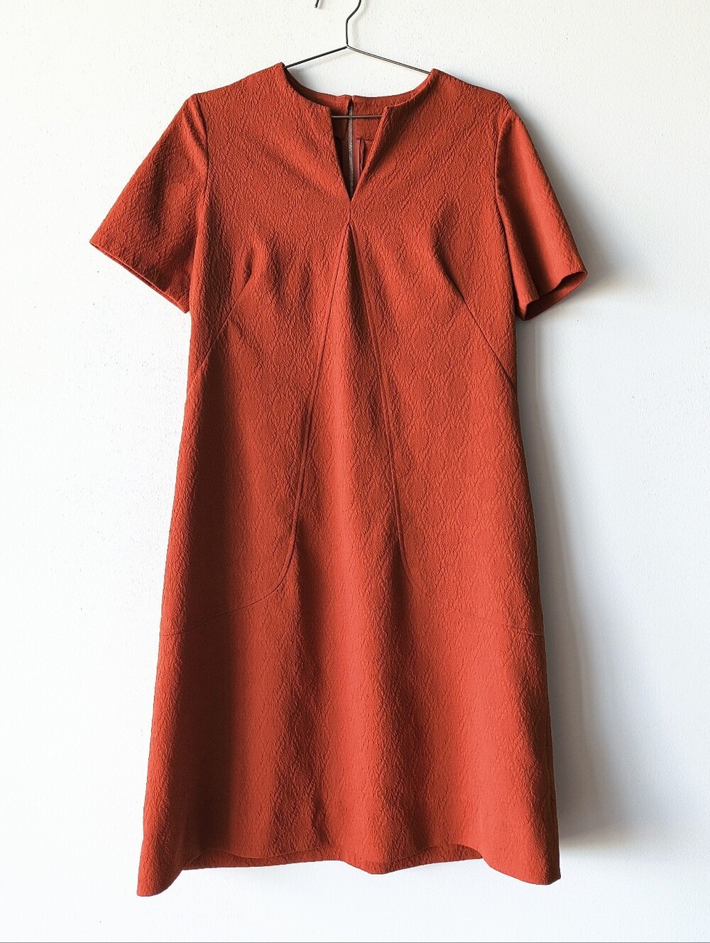 Vintage Retro Short Sleeve A-Line Jacquard Dress in Rust Orange